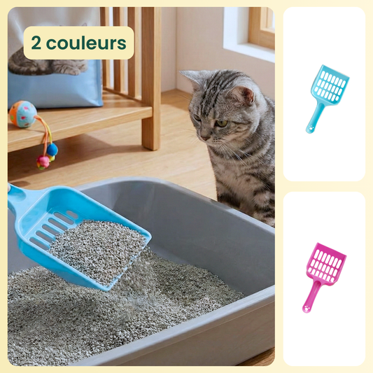 Pelles à litière bleue et rose au-dessus d’un bac pour chat