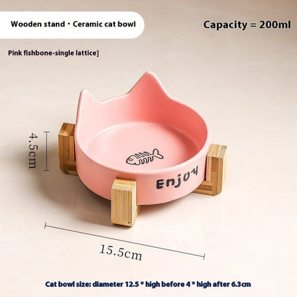 Gamelle rose en céramique avec oreilles de chat et support en bois