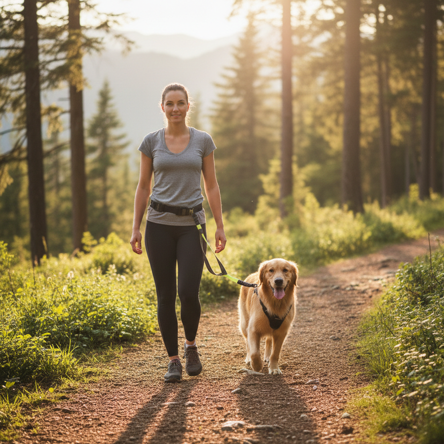 Femme promenant son chien avec une laisse mains libres en forêt