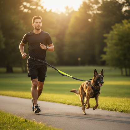 Homme courant avec son chien attaché à une laisse mains libres
