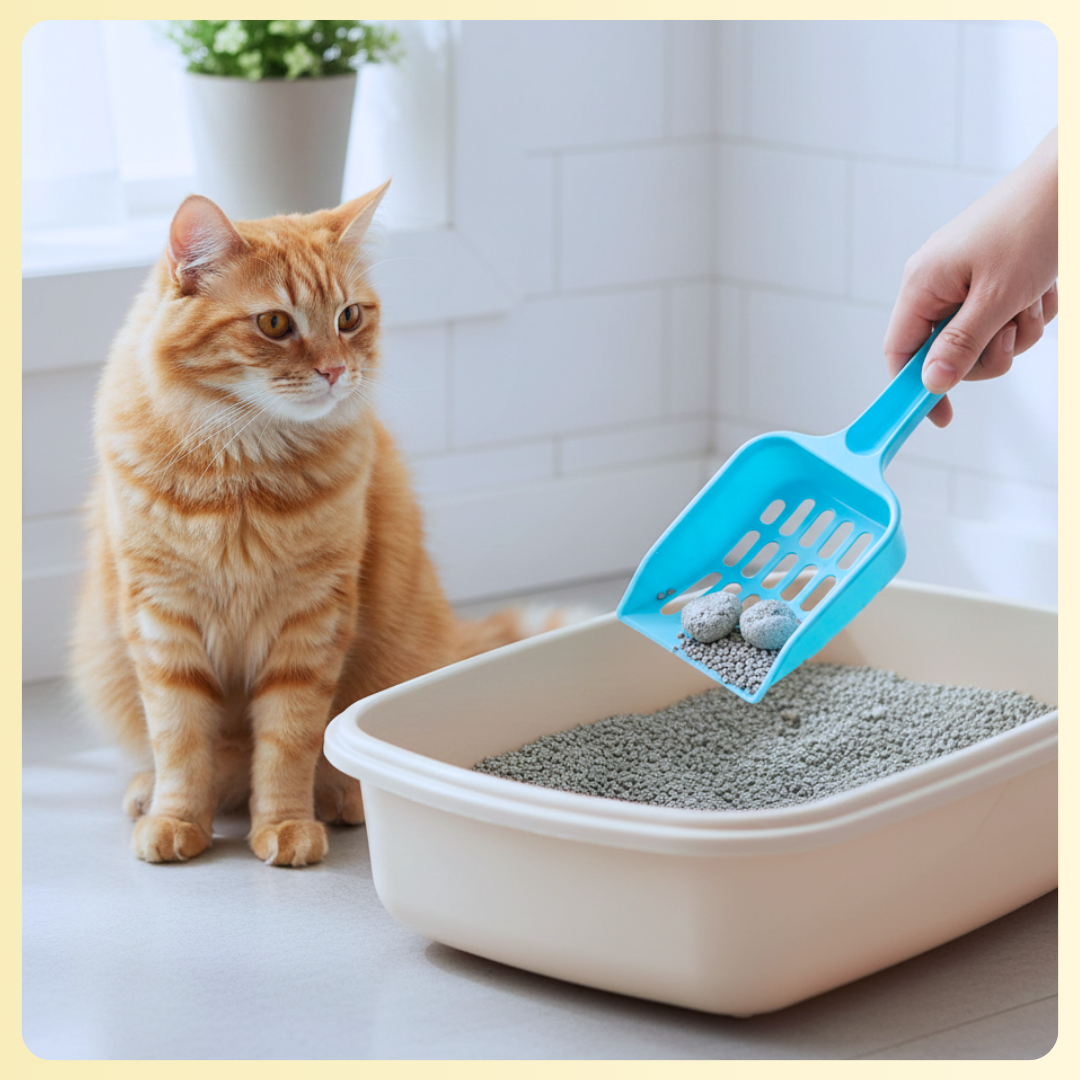 Pelle à litière bleue utilisée pour nettoyer le bac d’un chat