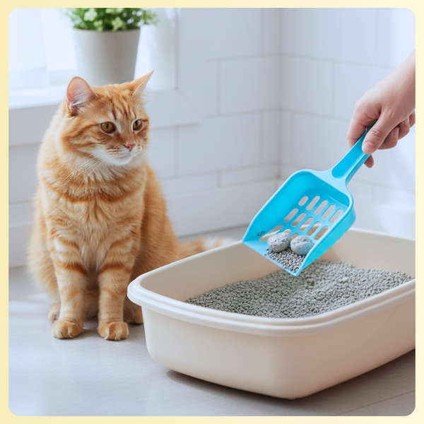 Pelle à litière bleue utilisée pour nettoyer le bac d’un chat