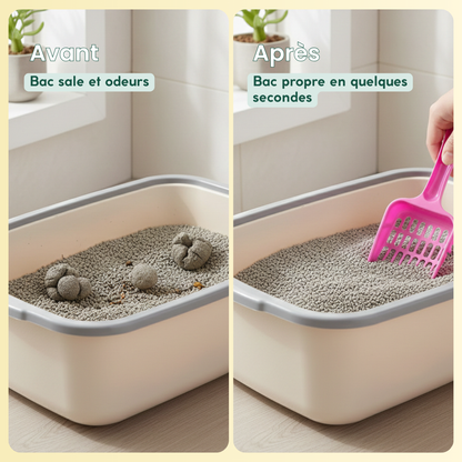Pelle à litière utilisée dans différents types de bacs pour chat